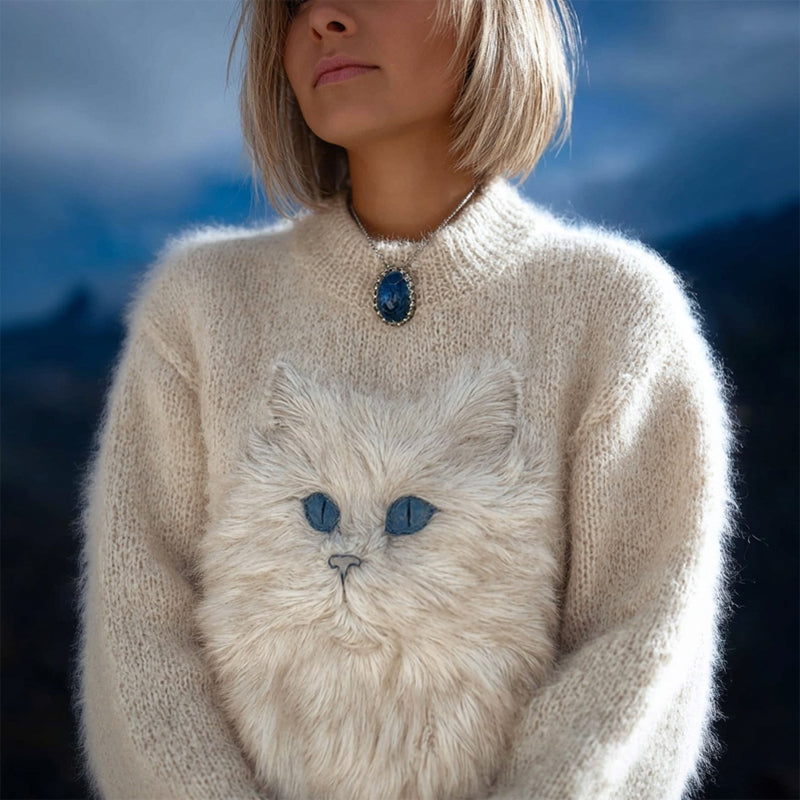Cute Fuzzy Cat Embroidered Cozy Knit Sweater