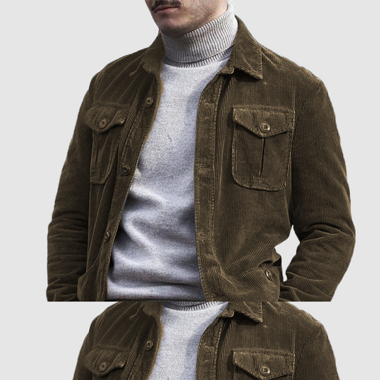 Men's shirt long sleeves vintage coffee color casual cotton corduroy coat