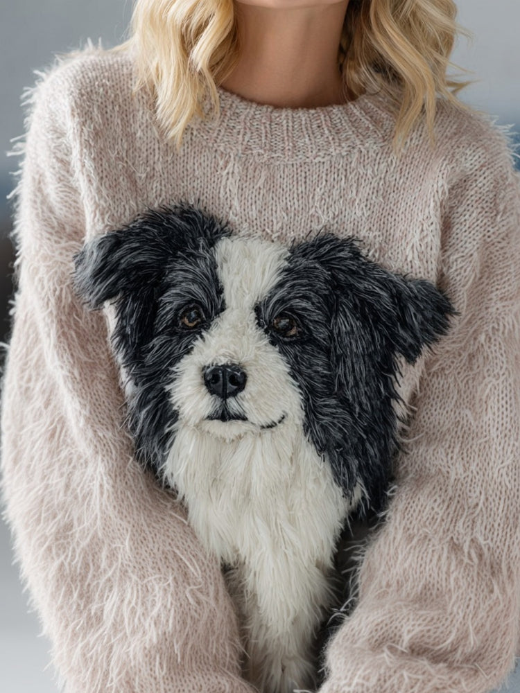 Cute Fuzzy Border Collie Crew Neck Cozy Knit Sweater