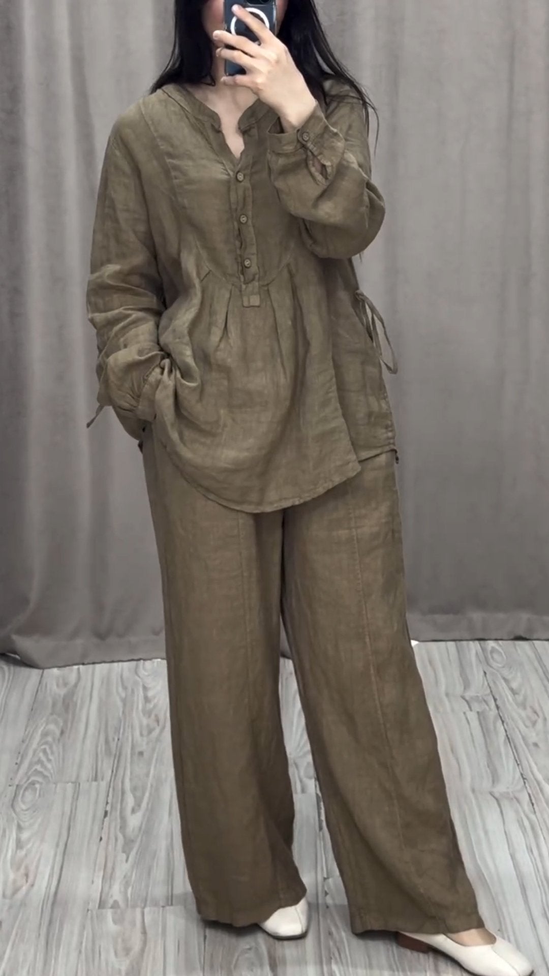 Women Cotton and Linen V-neck Two-piece Suit