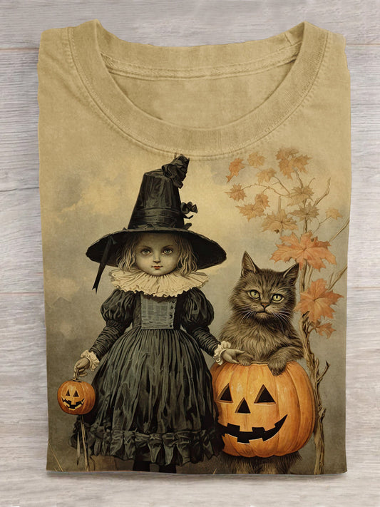 Vintage Halloween Cat Pumpkin Art Print T-Shirt
