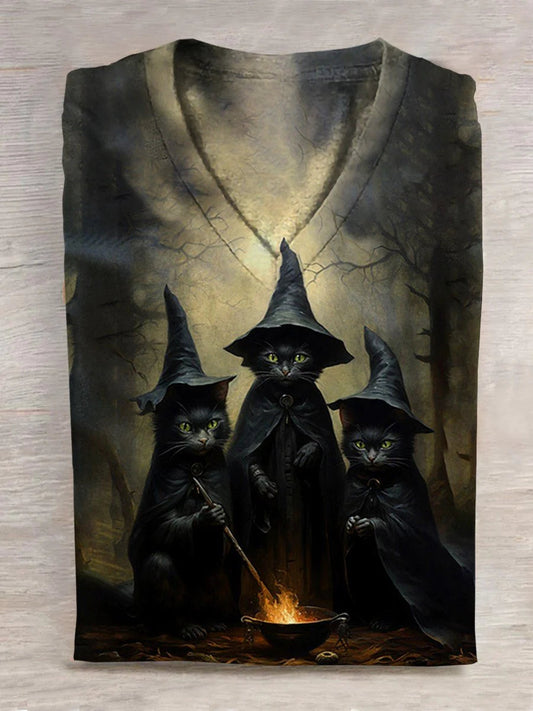 Unisex Halloween Cat Art Print Casual V-Neck T-Shirt