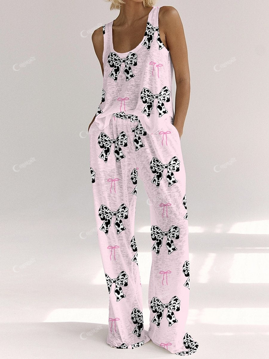 Women's Cow Bow Short Sleeve Pants Suit