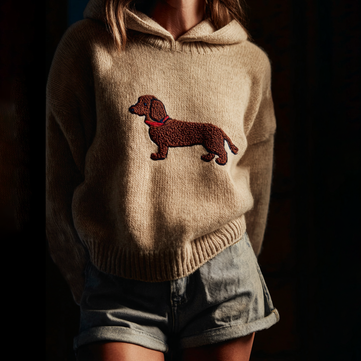 Classic Fuzzy Dachshund Dog Felt Cozy Knit Hooded Sweater