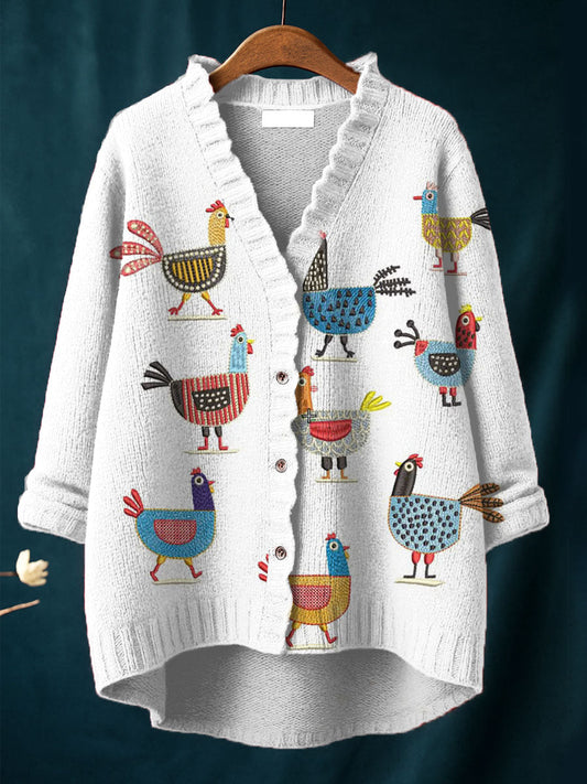 Women's Funny Chicken Art Print Casual Pullover Sweater