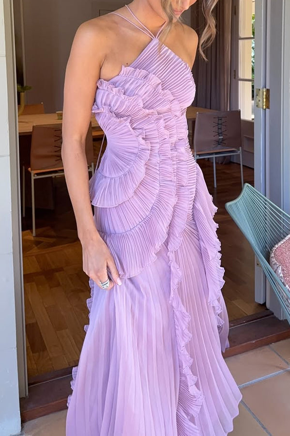 Dream Ode Lily Pad Style Pleats and Ruffles Halter Gown Maxi Dress