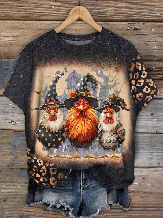 Halloween Roosters Printed Crew Neck T-shirt