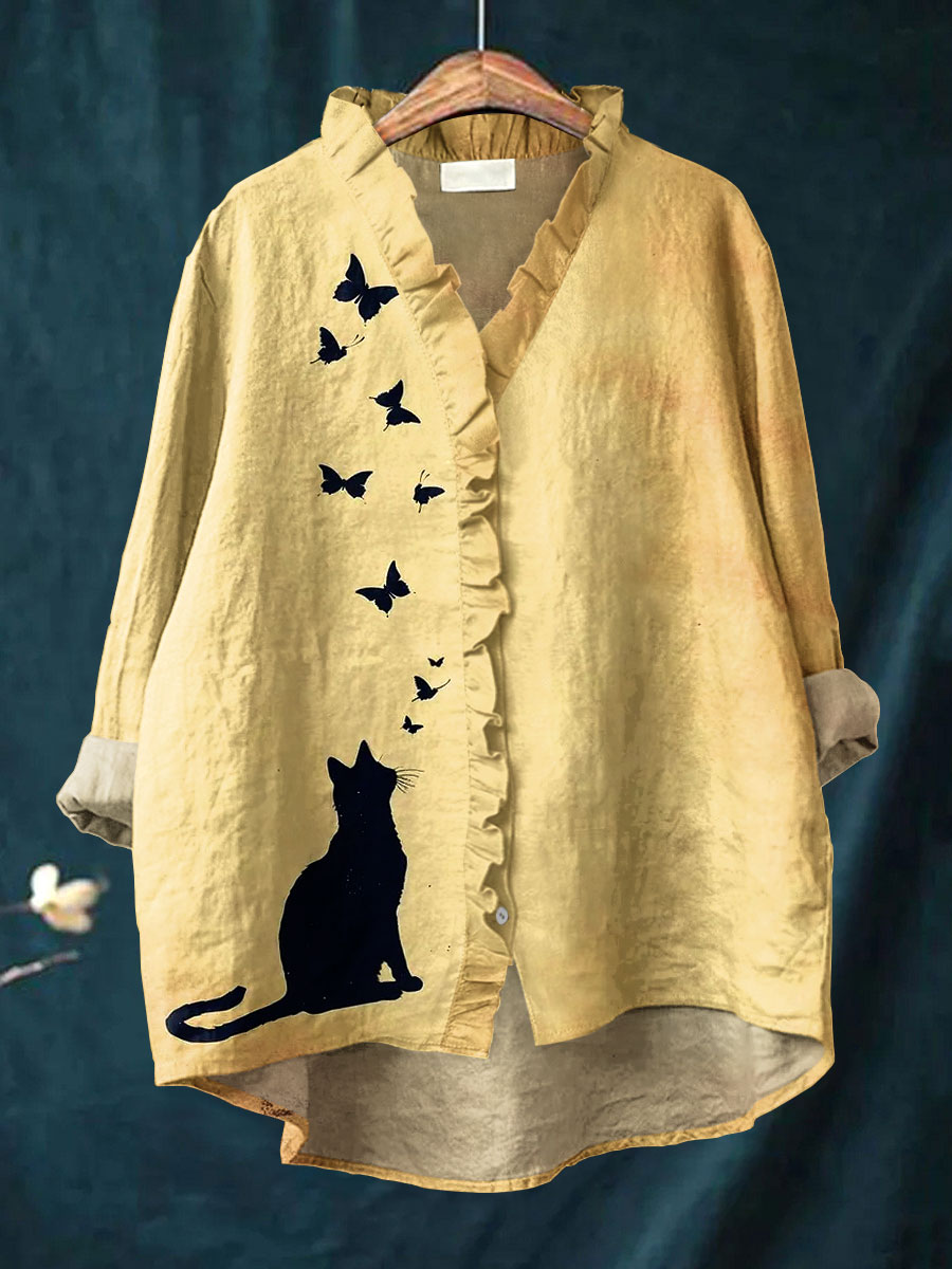 Women's Vintage Cat Art Print Casual Cotton And Linen Ruffle Shirt