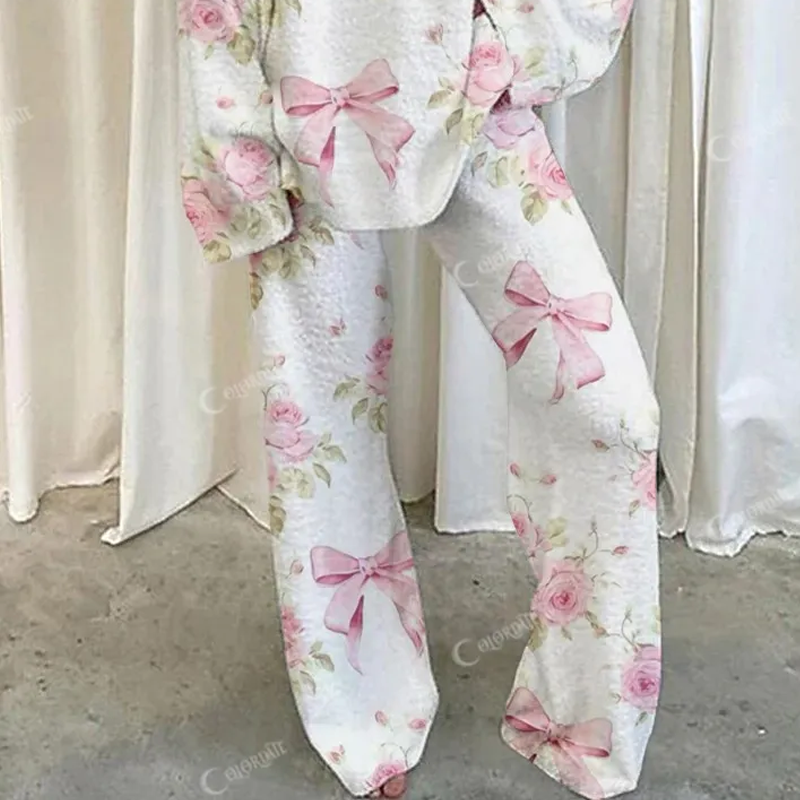 Women's Floral Bow Print Home Long Sleeve Suit