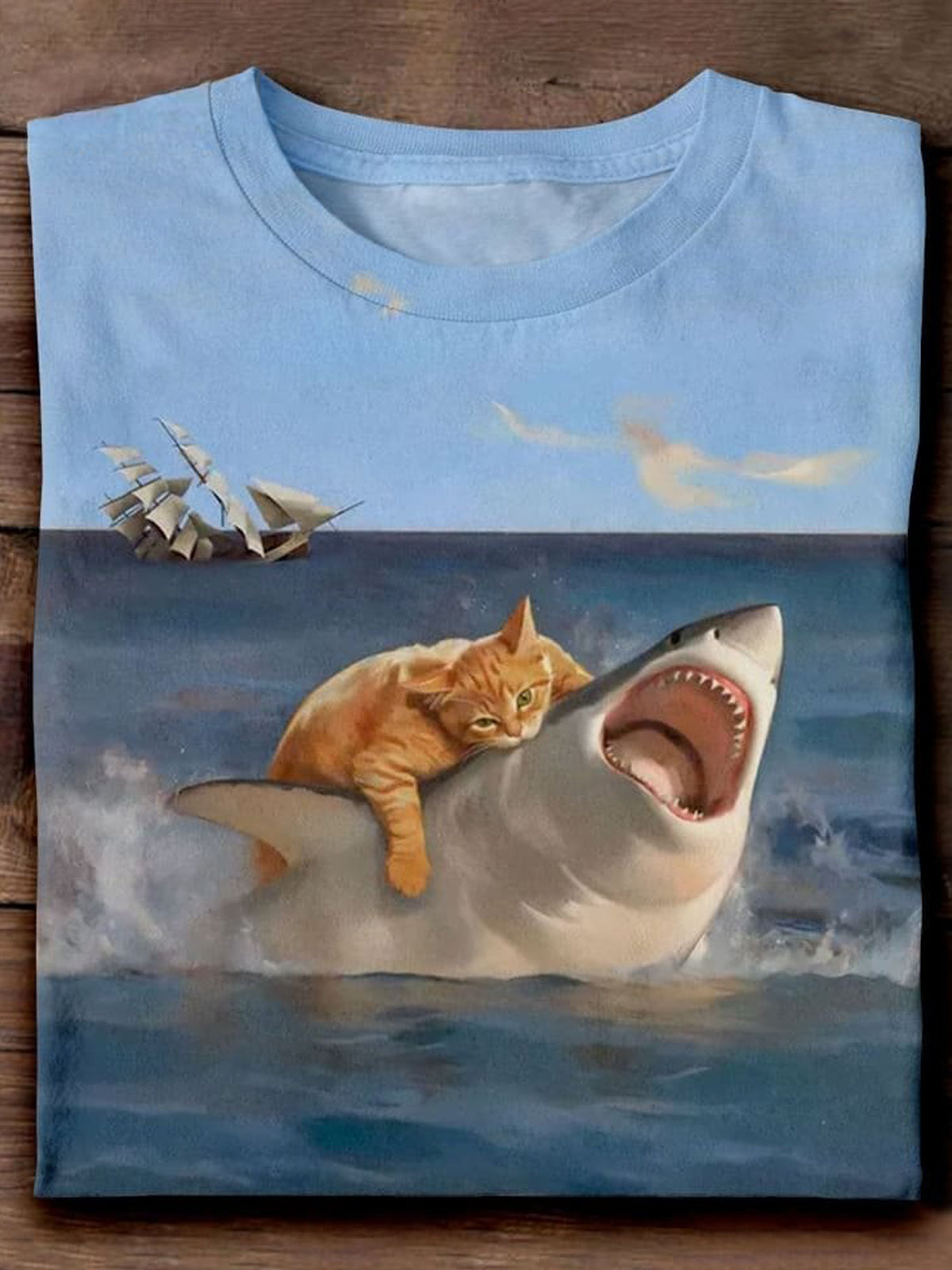Funny Orange Fat Cat And Shark Art Print T-shirt