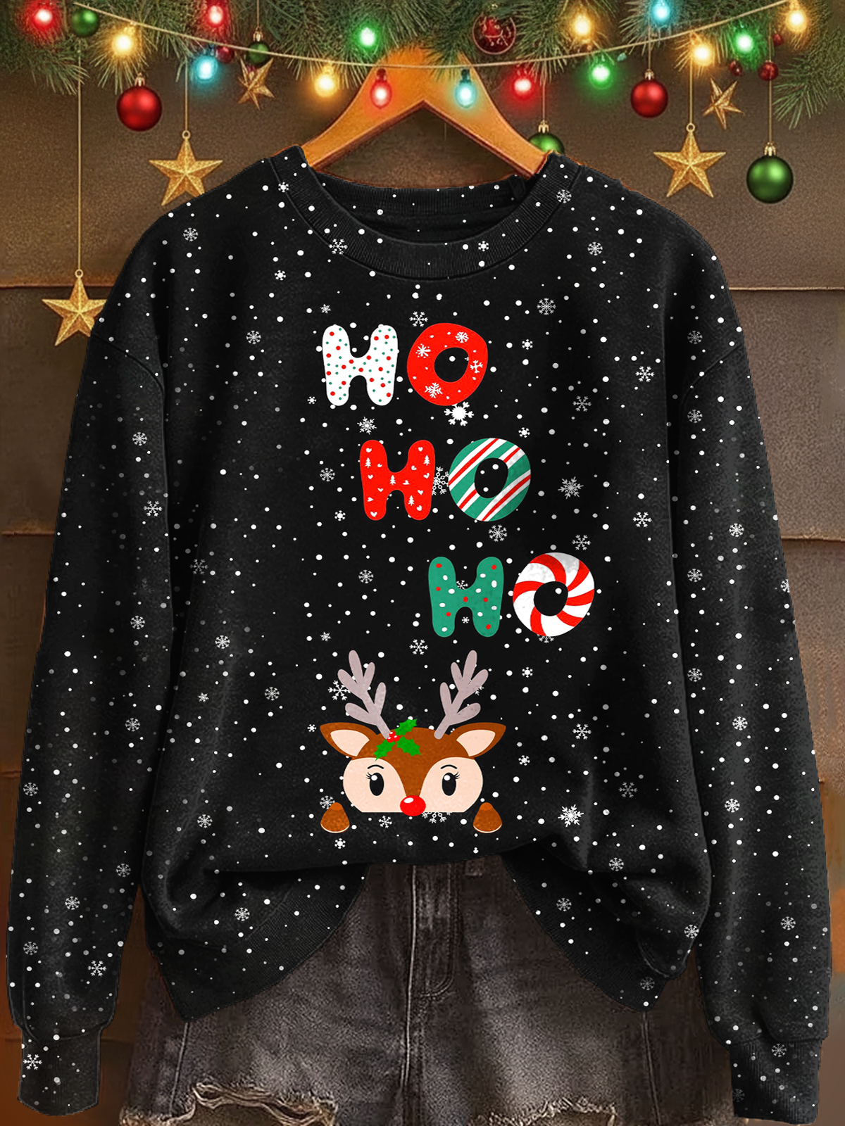 Ho Ho Ho Christmas Deer  Printed Long Sleeve Casual Top