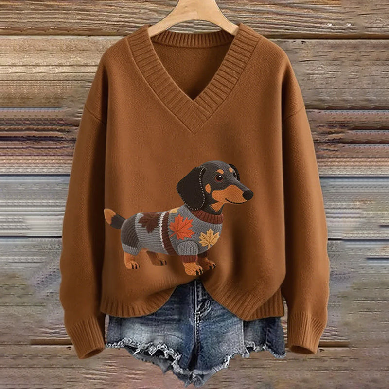 Vintage Dachshund Felt In Gradient Art Inspired Embroidered Cozy Knit Sweater