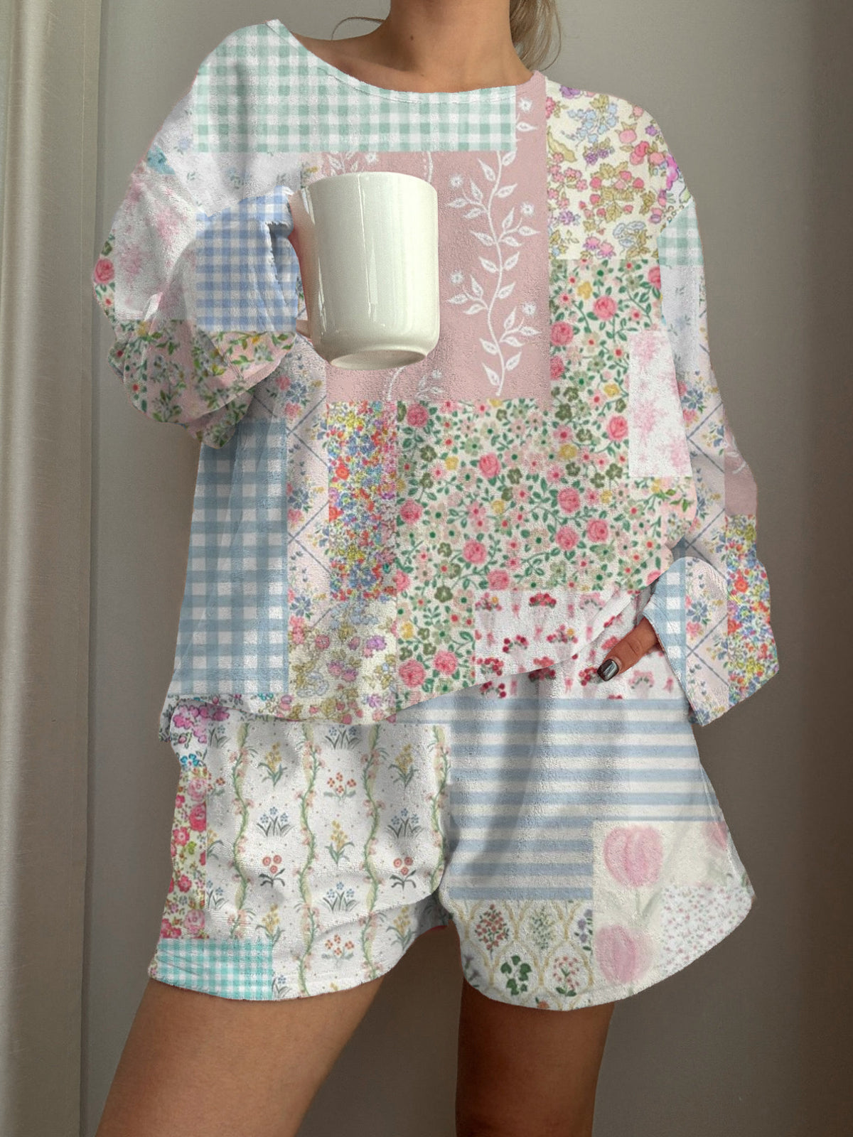 Vintage Patchwork Flower Printed Long-Sleeved Shorts Loungewear Set