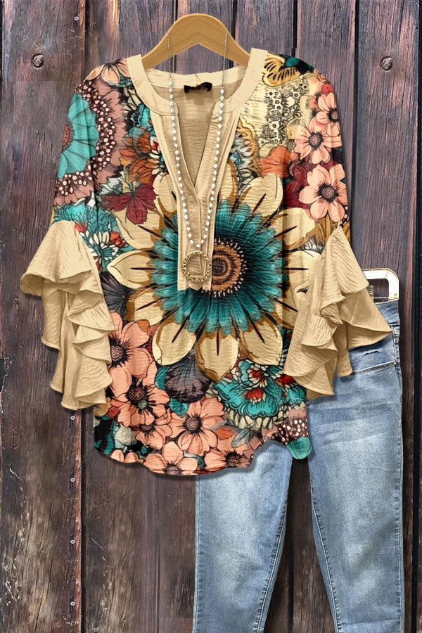 Multi Floral Print Ruffle Sleeve Top