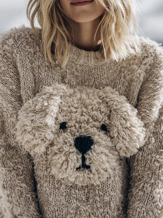 Cute Fuzzy Dog Embroidered Soft Cozy Sweater