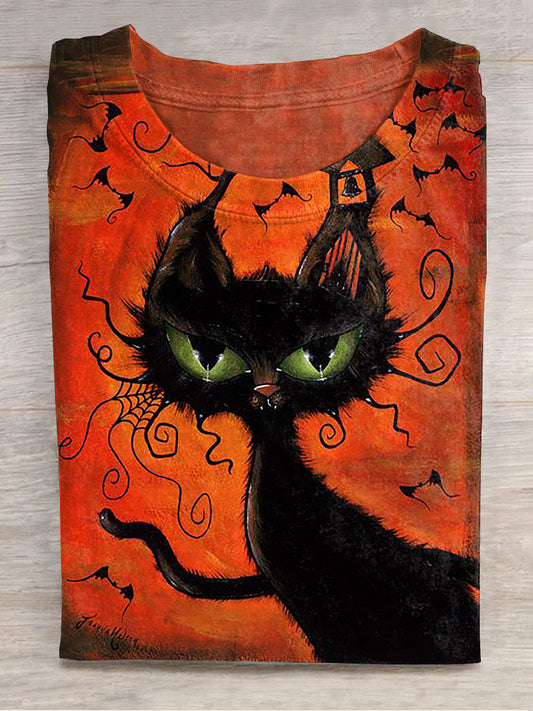 Halloween Black Cat Printed Crew Neck Women's T-shirt