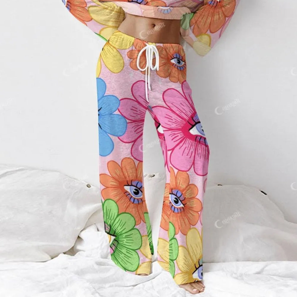 Colordate Women's Sunflower With Eye Print Long Sleeve Cotton Homewear Set