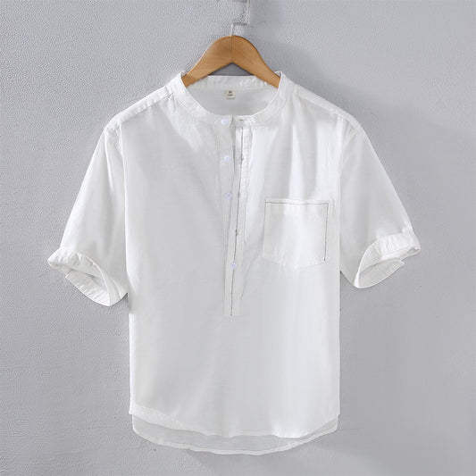 Men's Vintage Stand Collar Linen Shirt - Mid Sleeve