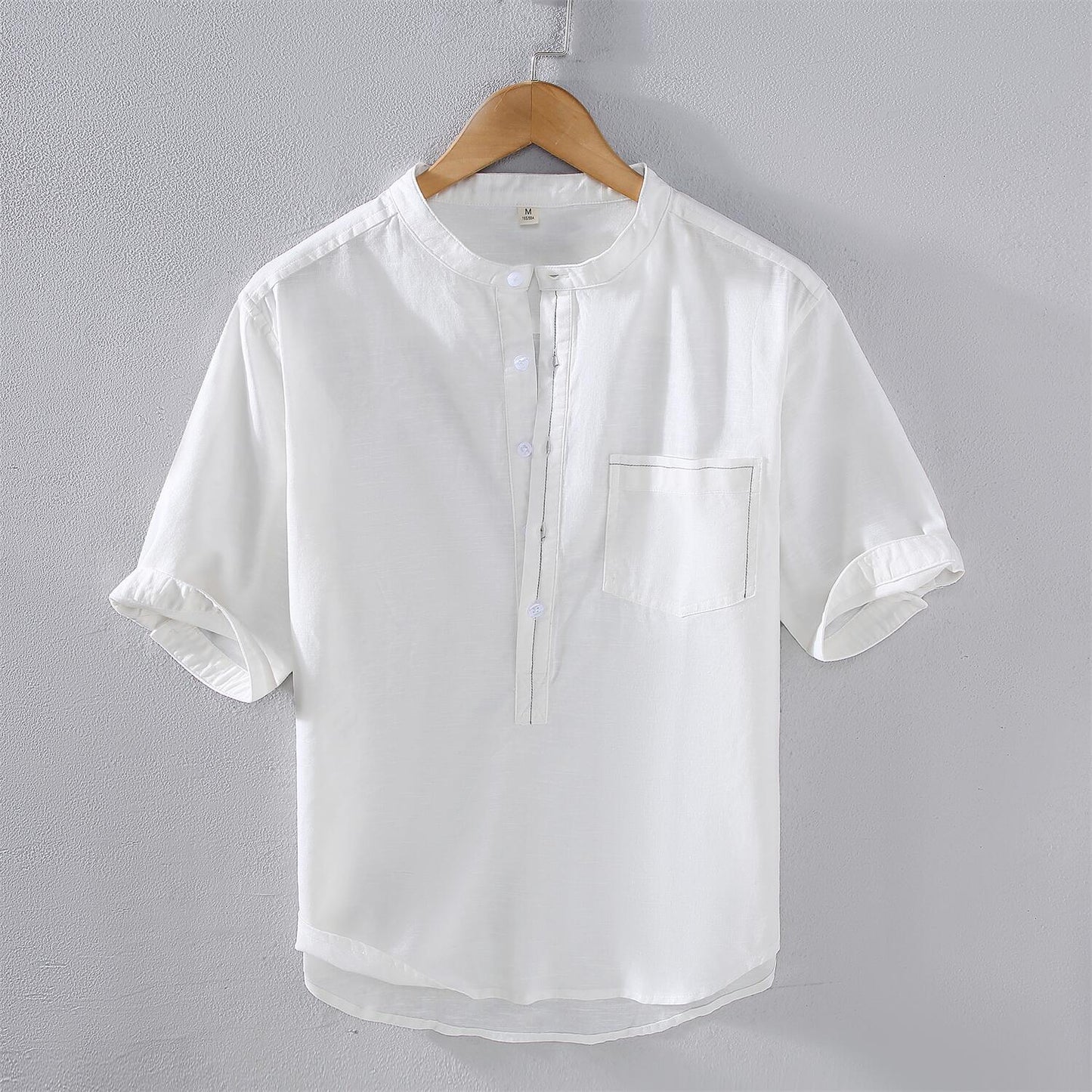 Men's Vintage Stand Collar Linen Shirt - Mid Sleeve
