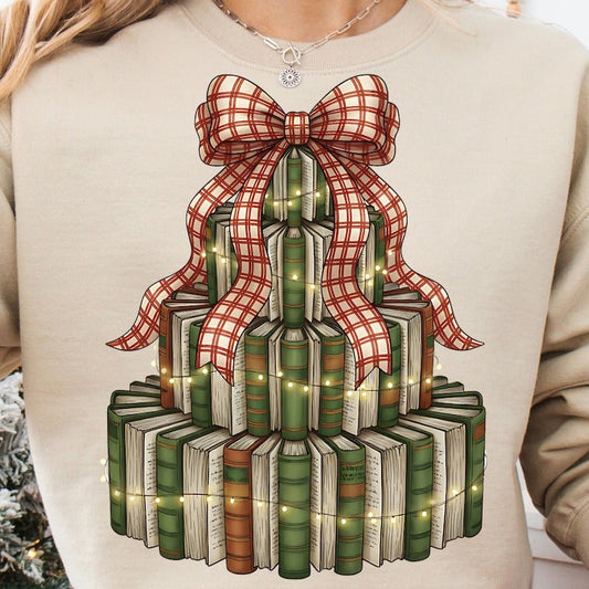Christmas Book Tree Printed Long Sleeve Casual Top