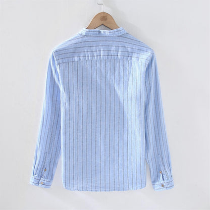 Men's Striped Stand Collar Cotton Linen Shirt