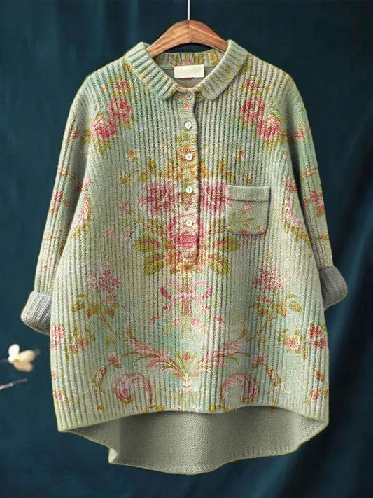 Women's Vintage Floral Pattern Art Print Casual Pullover Knit Sweater