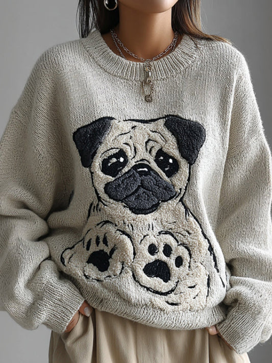 Lovely Cute Pug Embroidery Art Loose Cozy Knit Sweater