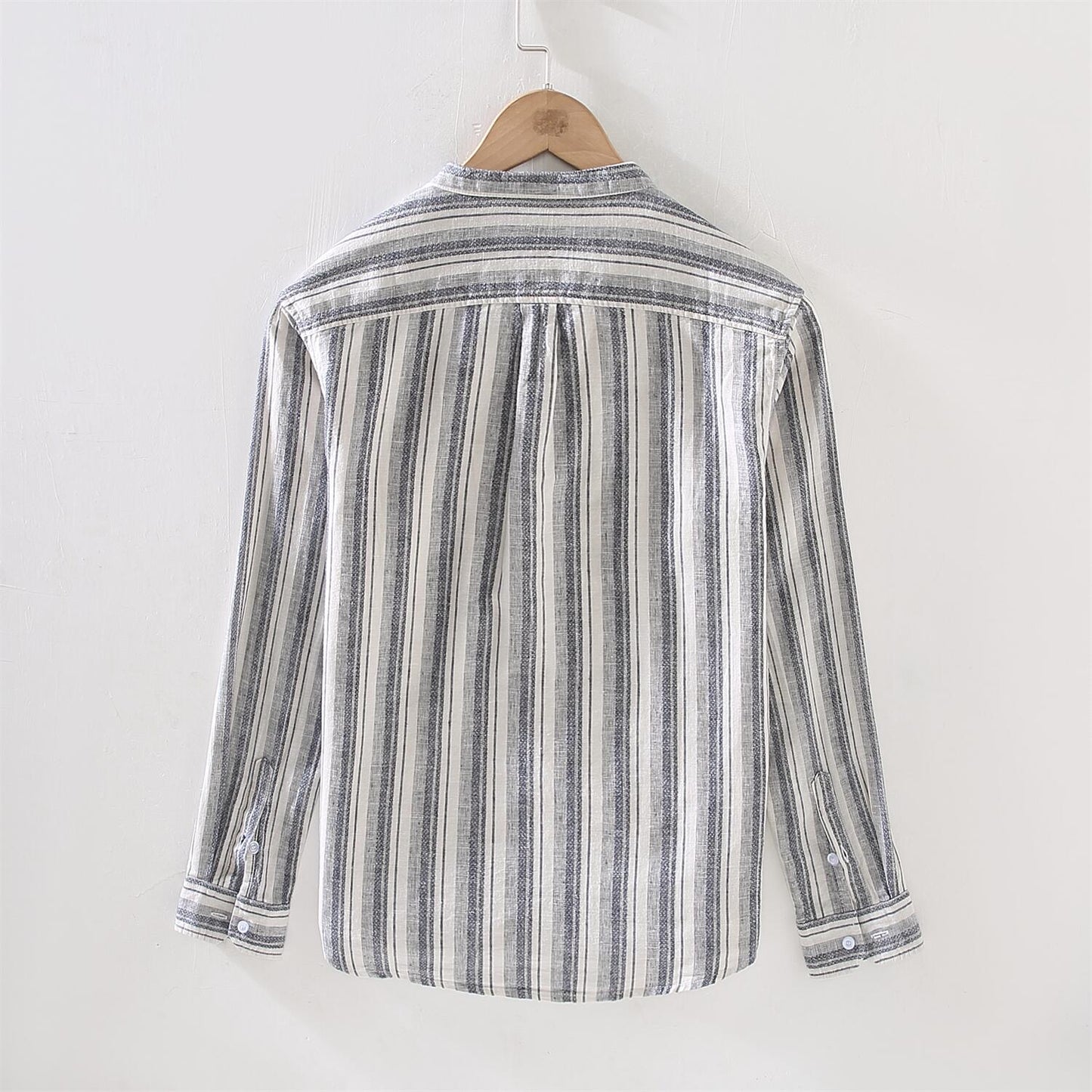 Men's Striped Long Sleeve Shirt - Stand Collar, Slim Fit