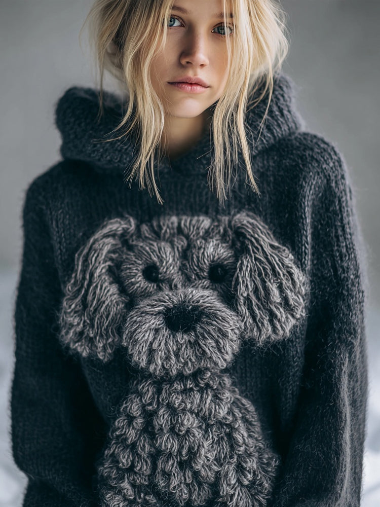 Lovely Fuzzy Dog Embroidered Cozy Hooded Sweater