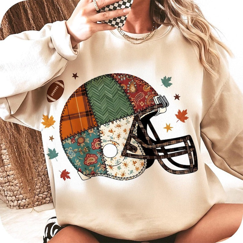 Floral Football Helmet Print Long Sleeve Casual Top