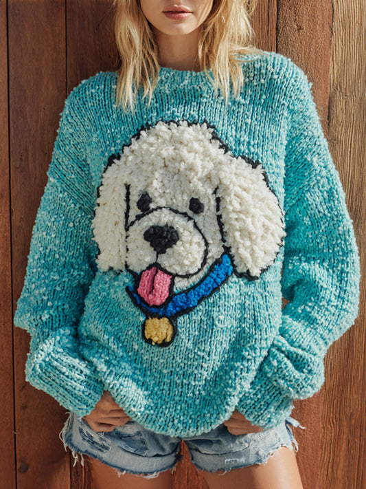 Fuzzy Poodle Dog Felt Cozy Knit Sweater