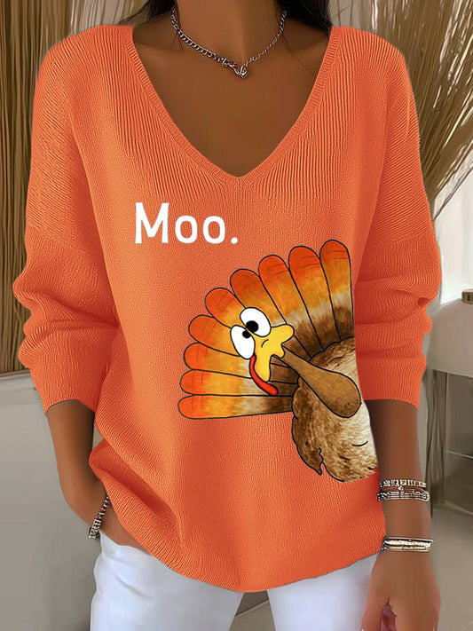 Women's Thanksgiving Turkey Moo Print Knit Top