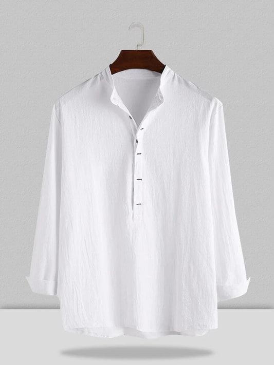 Stand Collar Cotton Linen Style Long Sleeve Shirt