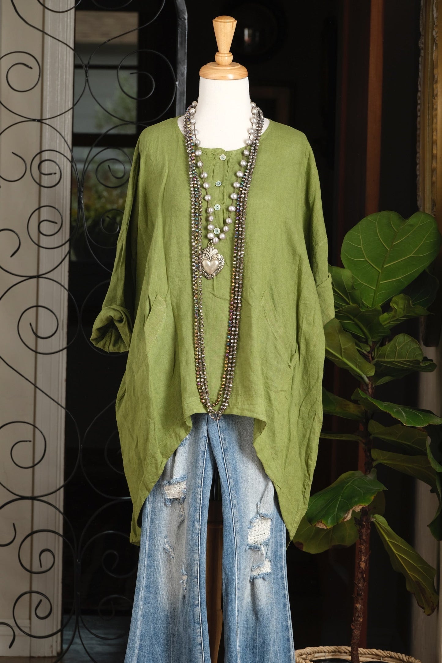 High Low Linen Top in Acid Green