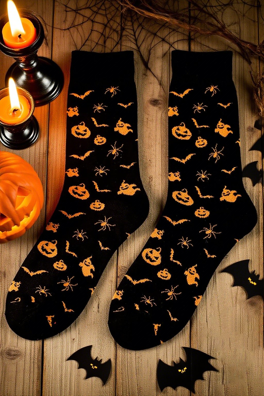 Halloween pumpkin ghost bat pattern mid-calf socks