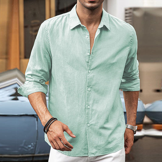 Men's Loose Linen Cardigan Solid Casual Standing Collar Long Sleeved Shirt