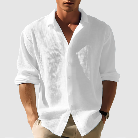 Men's summer casual lapel solid color long sleeve button top