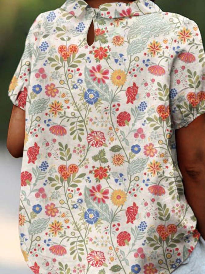 Women's Pastoral Floral Art Print Casual Cotton And Linen Shirt