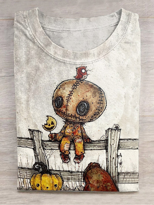 Halloween Doll Printed Crew Neck Women's T-shirt