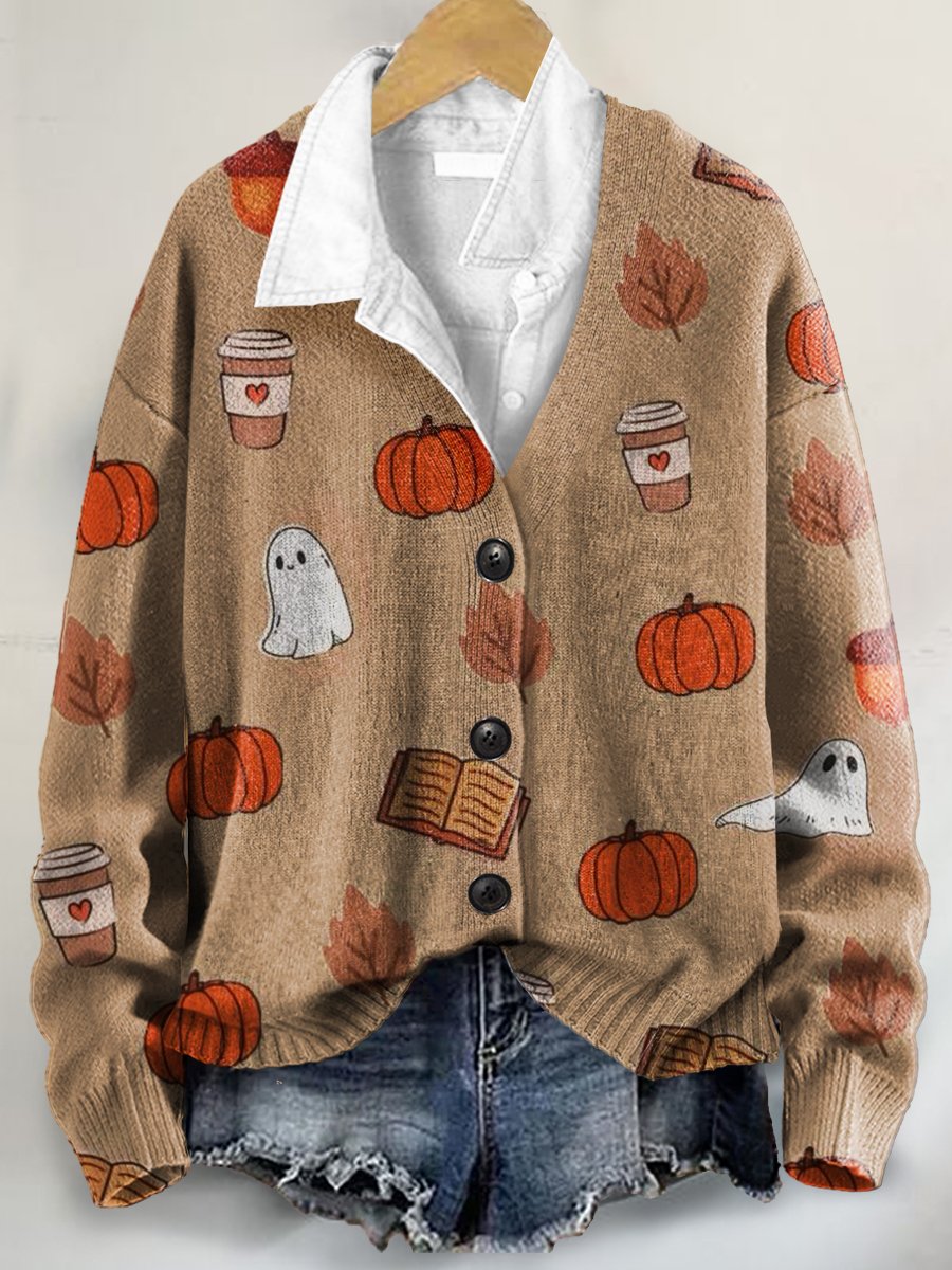 Halloween Pattern Art Print Buttoned V-neck Cardigan Sweater