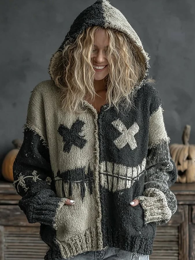 Women's Halloween Spooky Face Art Cozy Knit Hooded Cardigan