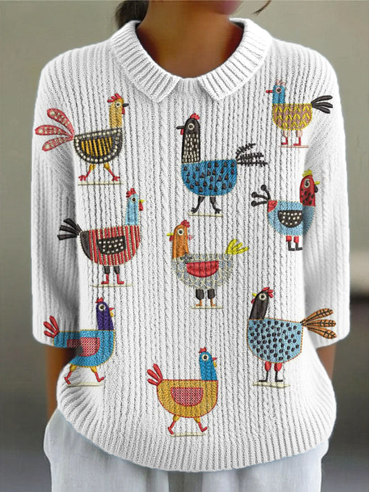 Women's Funny Chicken Art Print Casual Pullover Sweater