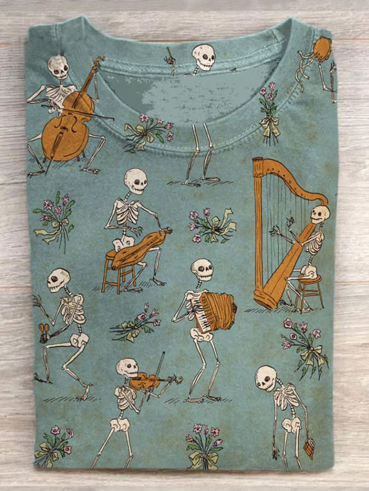 Musician Skeleton Printed Crew Neck Women's T-shirt