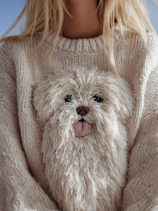 Cute Fuzzy Dog Embroidered Crew Neck Cozy Sweater