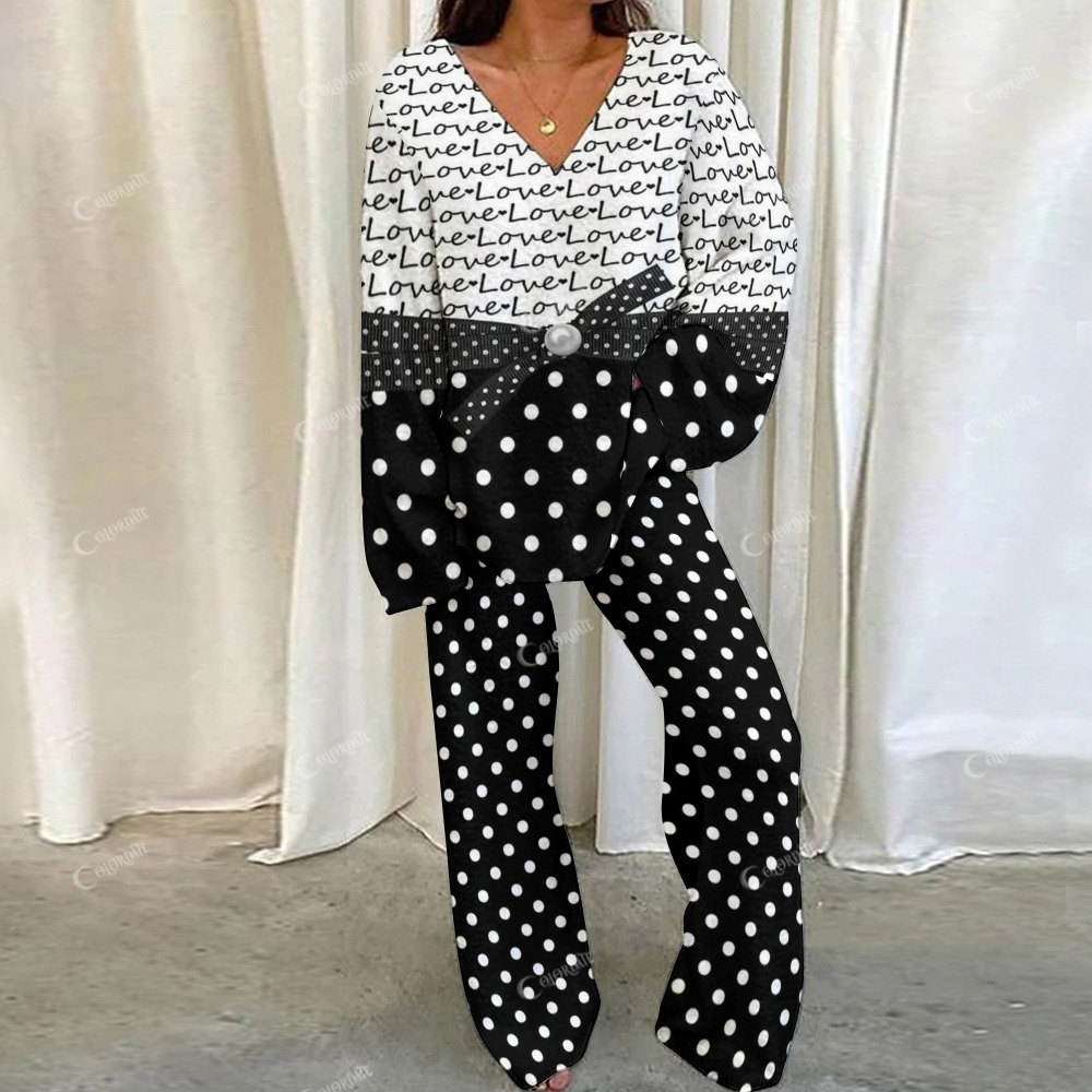 Valentine's Day Bow Pearl Love Letter Polka Dot Color Block Loungewear Set For Women