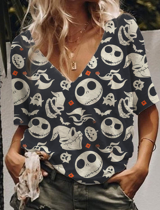Women's Halloween Print V-Neck Drop Shoulder T-Shirt