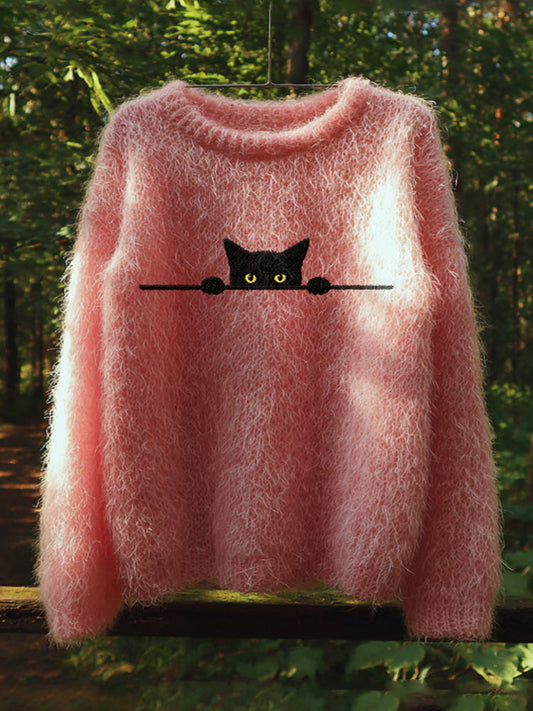 Retro Casual Pink Awareness Black Cat Embroidered Sweater