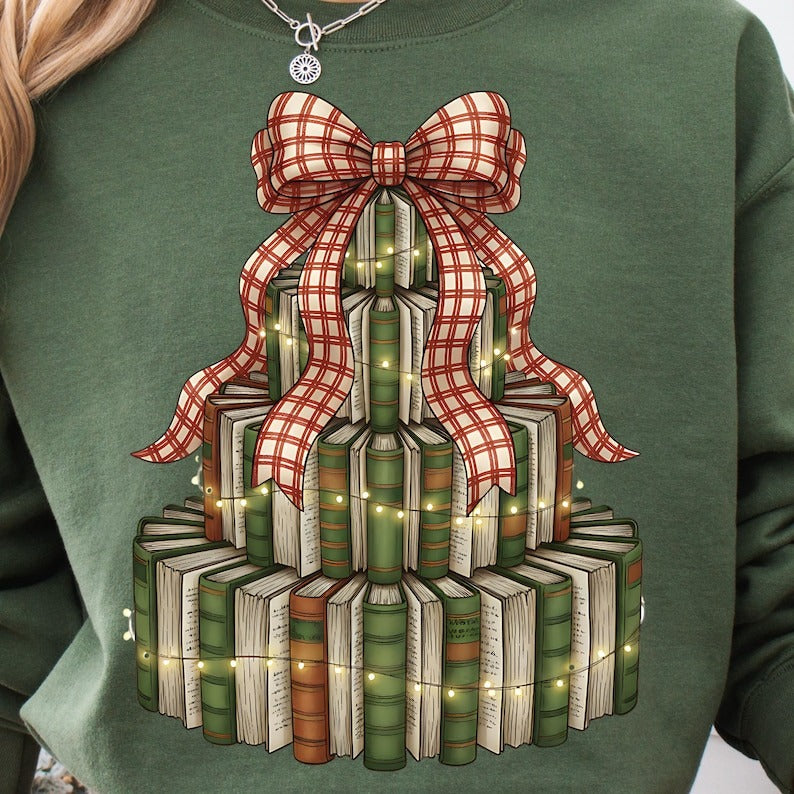 Christmas Book Tree Printed Long Sleeve Casual Top