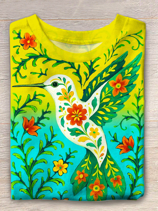 Colorful Bohemian Floral Hummingbird Art Crew Neck T-shirt