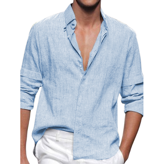 Men's Loose Linen Cardigan Solid Casual Standing Collar Long Sleeved Shirt